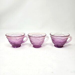 Vintage Indiana Glass Pebble Leaf Tea Cups Pink Floral Pressed 3pc Set
